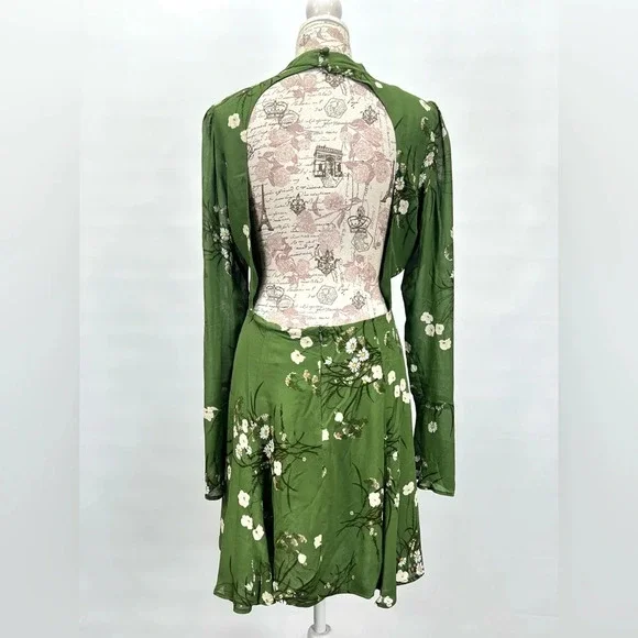 REFORMATION Lomita Green floral long sleeve open back PERSIS mini dress size 10. - Picture 9 of 16